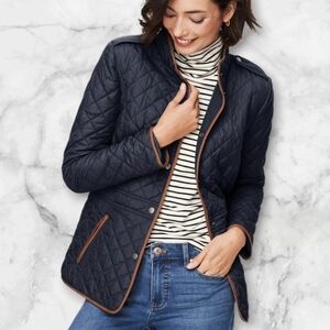 Talbots Dark Blue Quilted Puffer Coat with Brown Accents